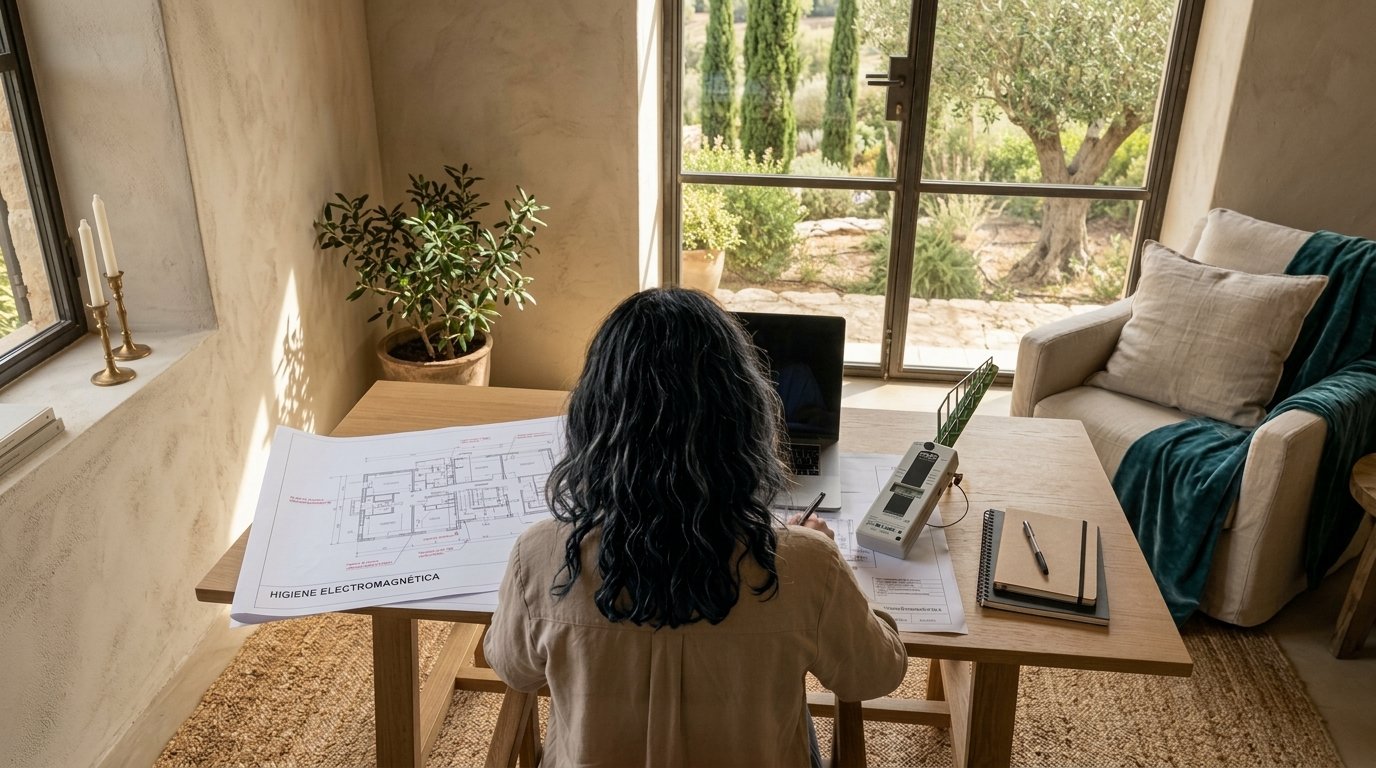 Profesional revisando planos y realizando una evaluación electromagnética en una vivienda