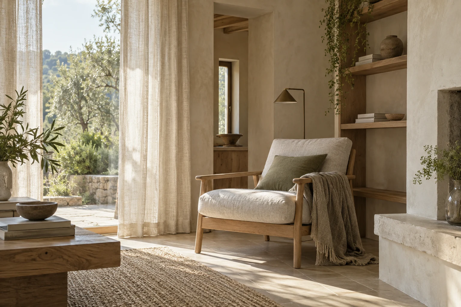 Interior sereno con madera natural, lino, luz filtrada y materiales nobles